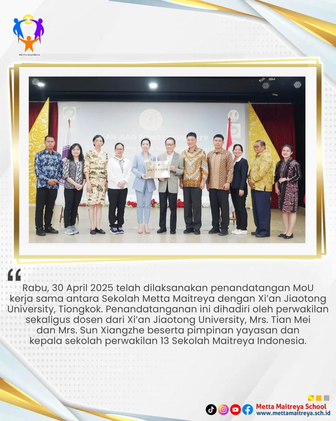 Penandatanganan MoU kerja sama antara Sekolah Metta Maitreya dengan Xi’an Jiaotong University, Tiongkok